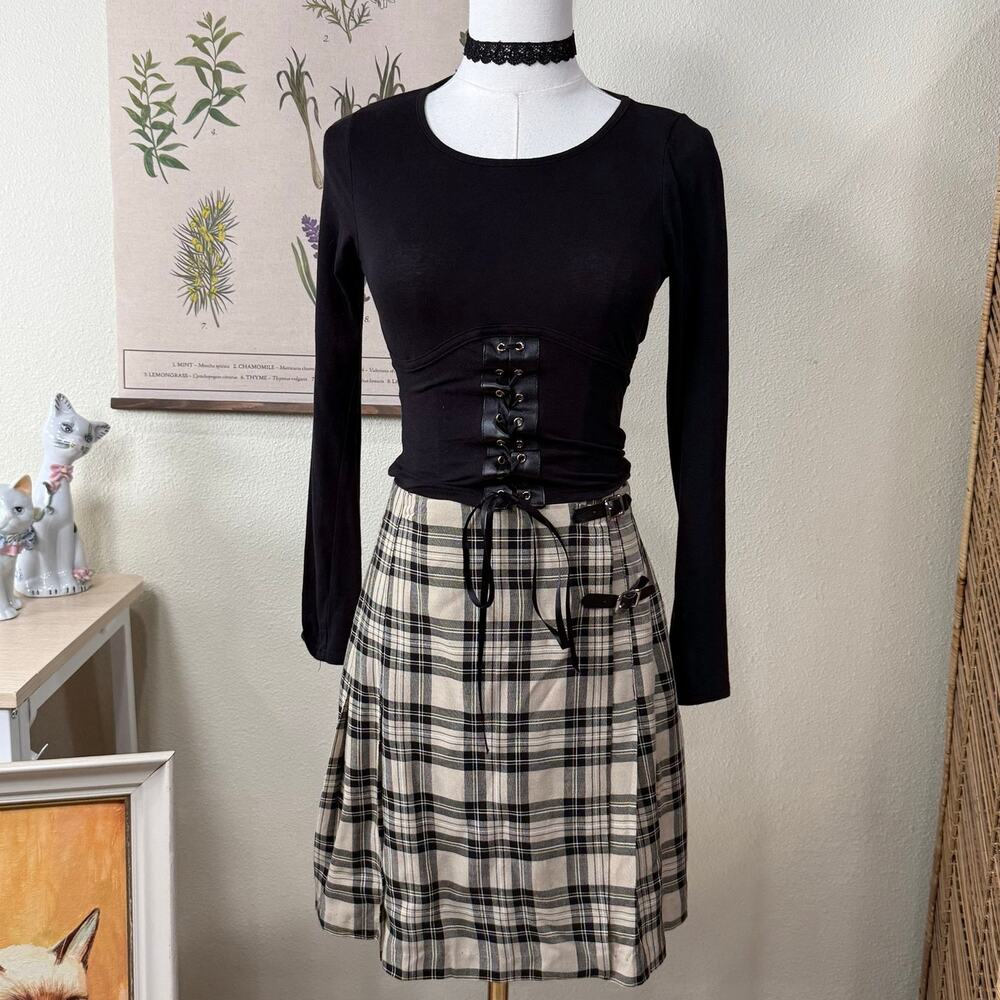 Vintage 90s Y2k Plaid Buckle Pleated Wrap Mini Skirt Alt Grunge Emo Preppy XS